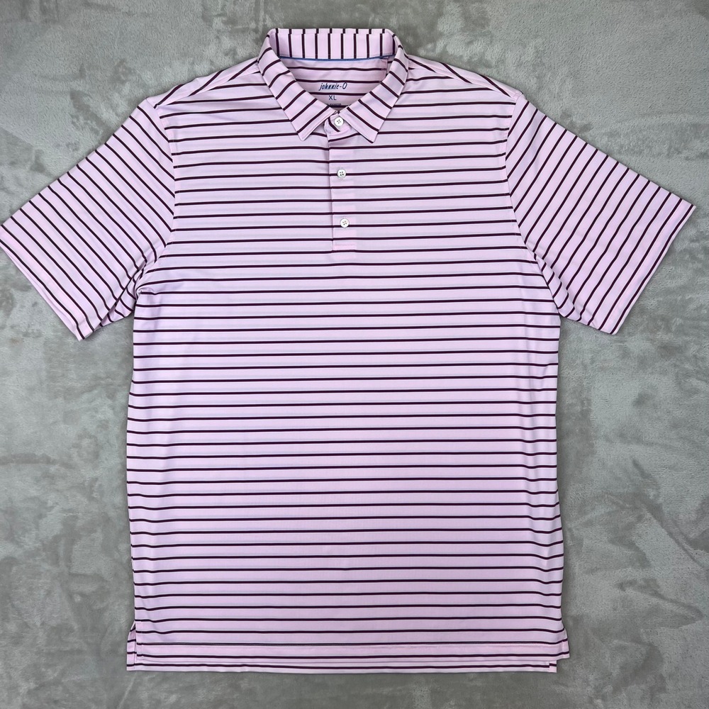 Johnnie-O Mens XL Performance Polo Shirt Pink Striped Short Sleeve Golf Top